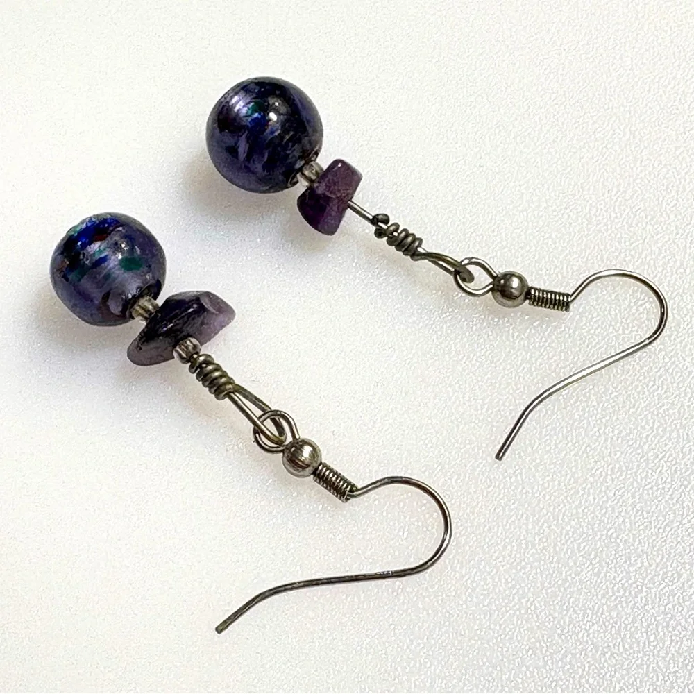 Artisan Amethyst Stone And Lavender Glass Crystal Drop Earrings